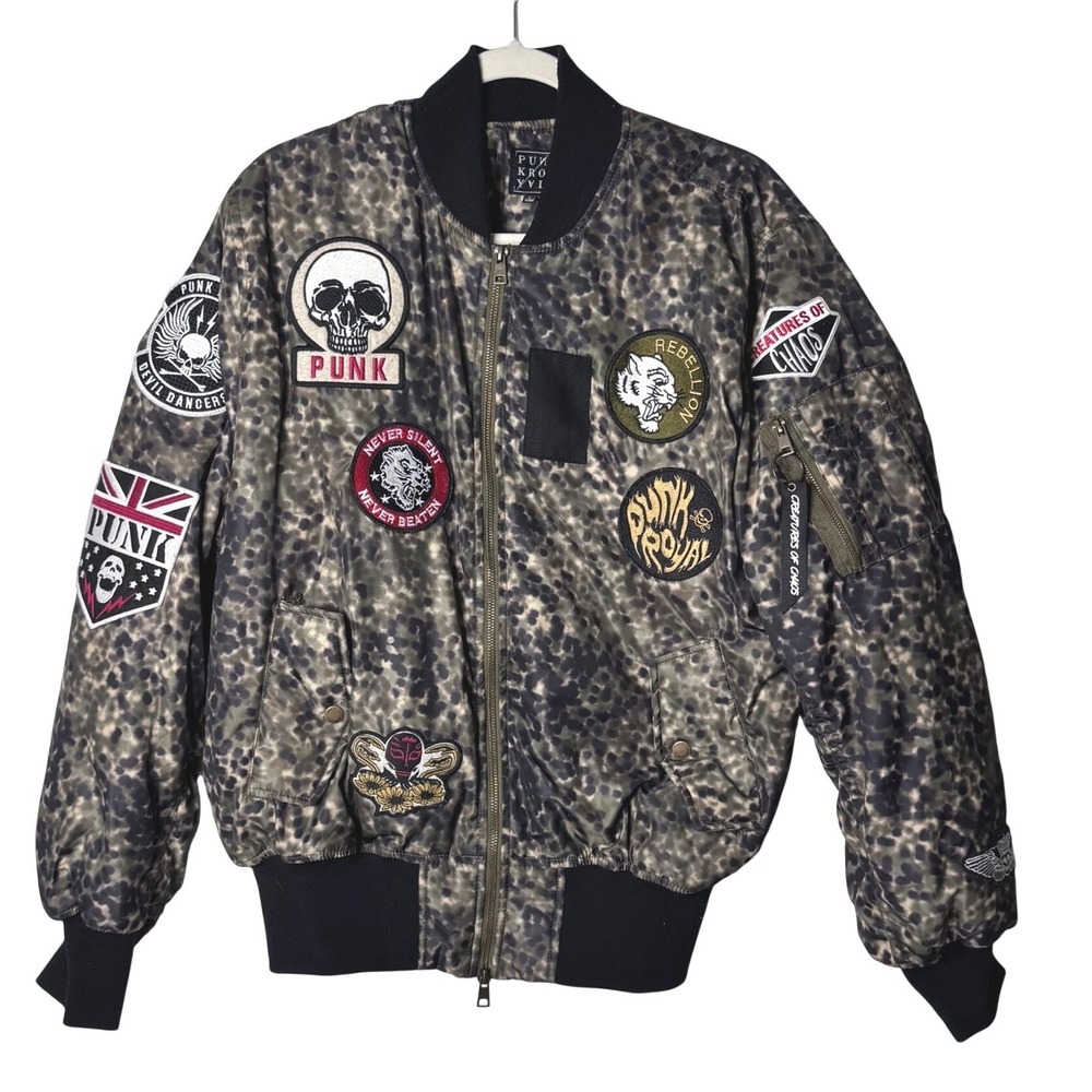 Punk Royal Bomber Jacket Mens L Green Camo Grunge Rock Streetwear Patches Retro